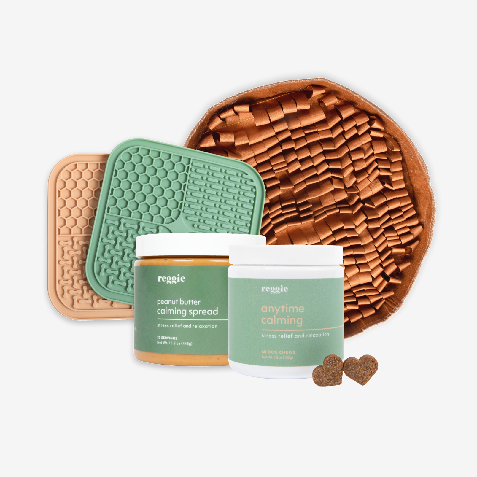 Pet calming products, including chews, spread, and textured mats in green and beige colors.